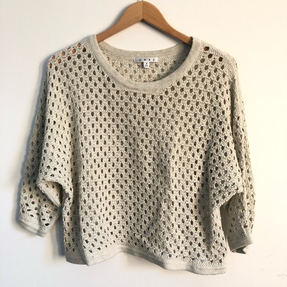 CAbi seaside crochet knit pullover oatmeal sweater